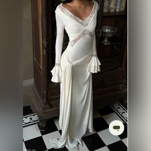 Meshki White Long Sleeve Gown with Lace Details